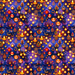 Naklejka premium Diwali festival background with diyas and lotus patterns