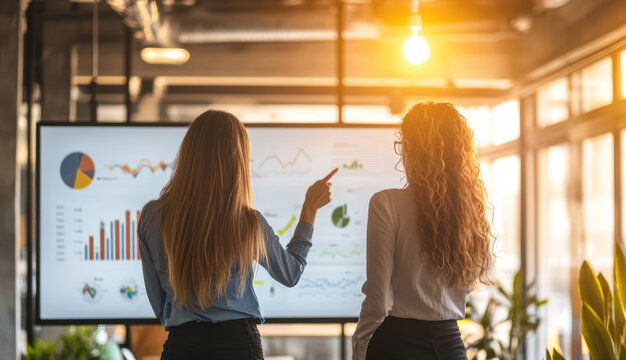 Two focused businesswomen analyze vibrant data visuals on a futuristic display, embodying innovation and collaborative decision making.
