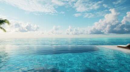 Obraz premium An idyllic tropical scene with a person lounging on a floating dock or pool deck, surrounded by clear blue waters, palm trees, and a view of the horizon. The focus is on relaxation and leisure in a