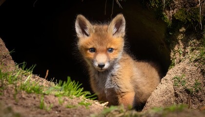 Naklejka premium Vivid Spring Morning Closeup Portrait of a Fox Cub Nestled before its Den amidst a Scottish Highlands Blossoming Landscape