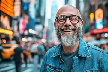 Fototapeta premium Smiling man in a denim jacket enjoys a vibrant day in Times Square with bustling crowds and bright lights all around