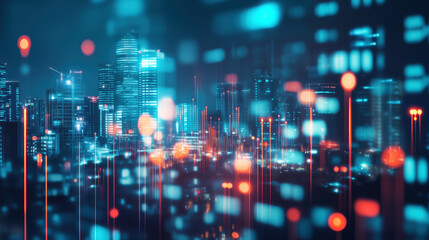 Fototapeta premium Stock Market Chart with a Blurred City Background at Night, Illuminated by Financial Data and Urban Lights