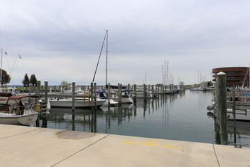 Serene Marina with Docked Sailboats Under an Overcast Sky