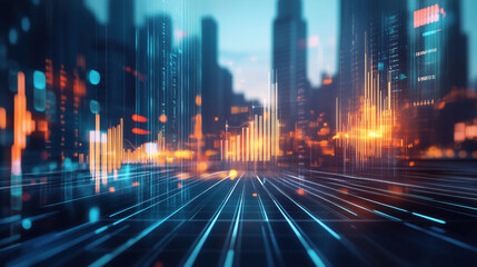 Fototapeta premium Stock Market Chart with a Blurred City Background at Night, Illuminated by Financial Data and Urban Lights