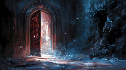 Naklejka premium A hidden door connecting two worlds, soft light spilling out, dark room, mysterious, high contrast, ethereal. Hidden Worlds. Illustration