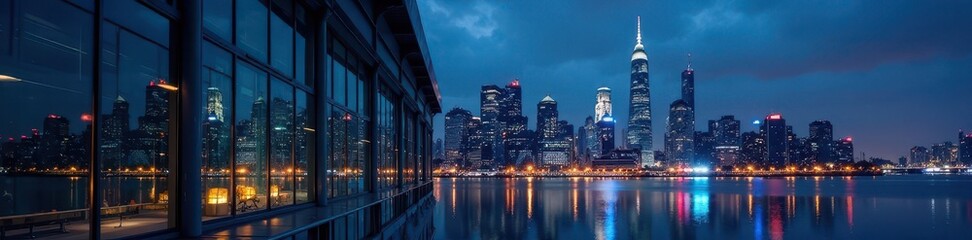 Obraz premium Reflective glass skyscraper cityscape at night, steel, illuminated