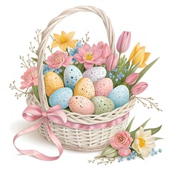 A beautifully arranged basket filled with speckled eggs and vibrant flowers, symbolizing the festive spirit of Easter celebrations.
