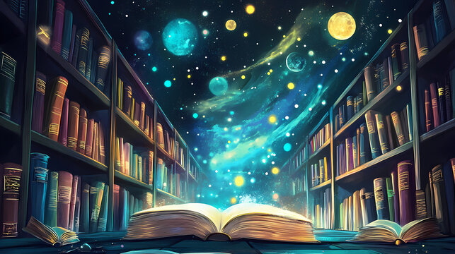 A mystical library filled with magical books that transport readers to different worlds. Hidden Worlds. Illustration
