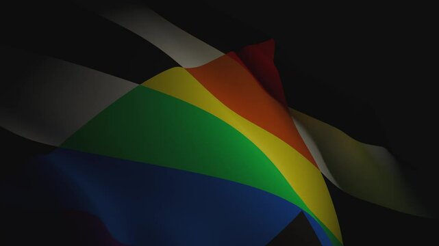 A realistic 3D animation of the Straight Ally flag, illuminated by a dramatic spotlight. The close-up view highlights the fabric texture and movement in the dark background