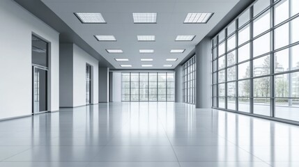 Obraz premium The image depicts a modern, well-lit office space. The floor is reflective and shiny, giving the room a sleek and contemporary feel. Large glass windows span from the floor to the ceiling, allowing