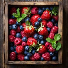 Fototapeta premium Fresh berries in a rustic wooden crate at a farmers market