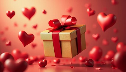 Gift box with red hearts on red background on valentine day