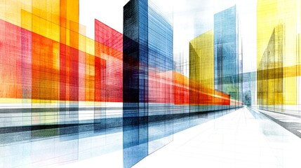 Vibrant city streetscape. Abstract architectural design with bold colors and dynamic lines.