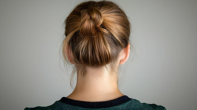 Woman's back view, bun hairstyle, grey background, hair tutorial
