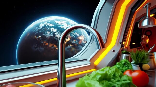A futuristic kitchen with glowing accents and an amazing view of Earth from space, blending culinary and cosmic harmony.
