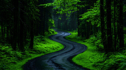 Obraz premium Winding forest road, lush greenery, misty day, travel background