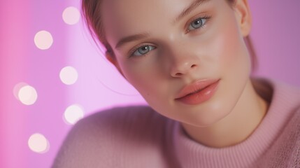 Pink Hues Portrait: A young woman with radiant skin and captivating blue eyes gazes directly at the camera, her gentle smile exuding warmth and serenity against a soft pink bokeh background.