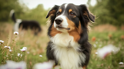 Fototapeta premium a border collie english sheperd mix breed outside in a field
