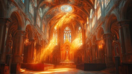A majestic cathedral interior illuminated by warm light, creating a serene atmosphere.