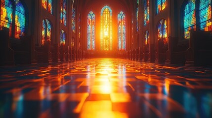A serene interior of a cathedral with vibrant stained glass windows and warm light.