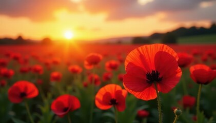 Fototapeta premium Sunrise bathes vibrant red poppies in golden light , poppy field, red