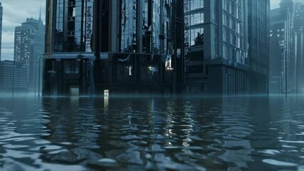 Glass towers stand partially underwater in deserted metropolis. Rising floodwaters transform business hub into urban lake at nightfall. Static wide shot. - Powered by Adobe