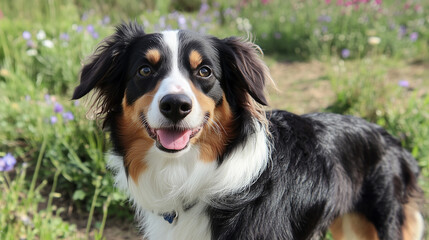 a border collie english sheperd mix breed outside in a garden