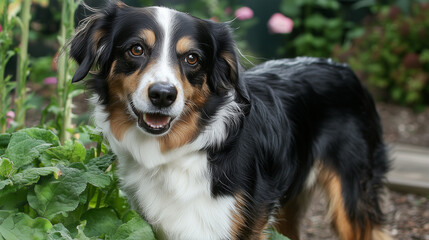 a border collie english sheperd mix breed outside in a garden