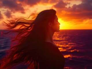 A stunning sunset image featuring a woman's silhouette gazing into the horizon, set against an expansive ocean scene under the warm glow of the sun. The photo captures the tranquility and beauty of