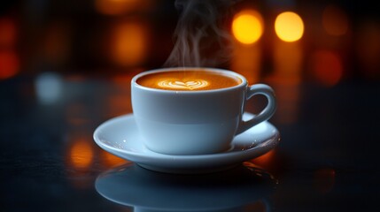 Steaming latte art coffee cup, dark cafe background, cozy evening