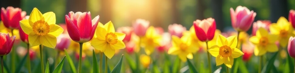 Obraz premium Vibrant tulips, daffodils, butterflies flitting , colorful, yellow
