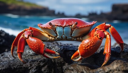 Majestic Galapagos Crab Basking in Early Morning Light, Silhouetted Against a Volcanic Shoreline, Vibrant Colors Contrasting with the Rugged Lava Textures at Dawn.