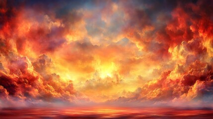 Fototapeta premium Fiery sunset over a calm sea. Dramatic clouds fill the sky with vibrant oranges and reds.