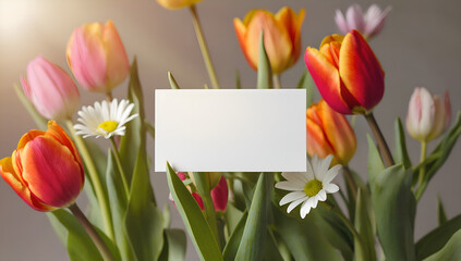 A blank card in the center for text, surrounded by floral decorations. Banner, greeting for the upcoming holiday.