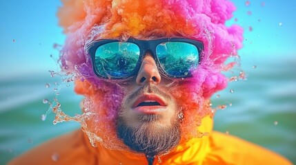 A young man with a beard, wearing sunglasses, is surrounded by a vibrant explosion of pink and orange colors and water.  A summery, energetic scene.