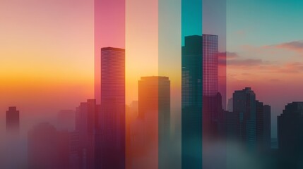 Obraz premium City skyline at sunset, skyscrapers bathed in warm, colorful light. A stunning urban landscape.