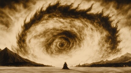 A hooded figure stands before a swirling vortex of dark clouds, casting a dramatic sepia tone over a serene landscape.