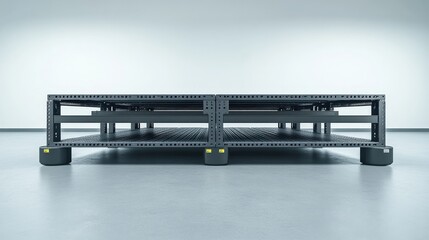 Modern industrial storage rack in a spacious, well-lit warehouse with minimalistic design