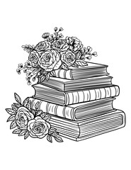 Vector stack of vintage style books, floral arrangement, rose, peony, leaves, black and white illustration, isolated, print, sketch