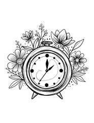 Vector retro vintage style clock, floral arrangement, rose, peony, leaves, black and white illustration, isolated, print, sketch