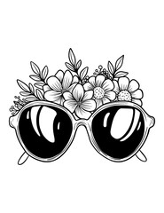 Vector retro sunglasses women's vintage style, floral arrangement, rose, peony, leaves, black and white illustration, isolated, print, sketch