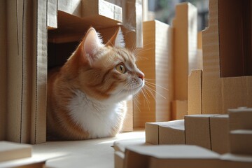 Fototapeta premium Curious orange cat explores cardboard structures in sunlit indoor space during morning hours