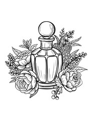 Vector vintage style perfume bottle, floral arrangement, rose, peony, leaves, black and white illustration, isolated, print, sketch