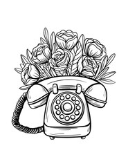 Vector retro phone, cosmetics, vintage style vase, flower arrangement, black and white illustration, isolated, print, sketch