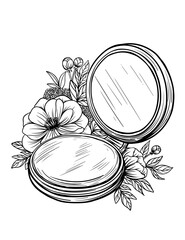 Vector powder bottle with mirror, cosmetics, vintage style vase, flower arrangement, black and white illustration, isolated, print, sketch