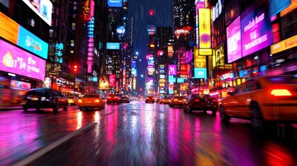 Vibrant city street at night, rain reflecting the dazzling neon lights on wet asphalt. Cars speeding through the urban scene.