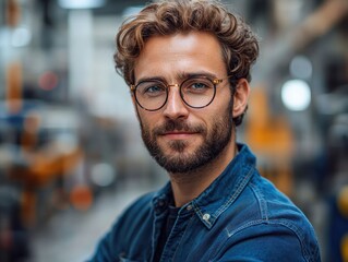 Obraz premium A young man with glasses and curly hair poses confidently in an industrial setting.