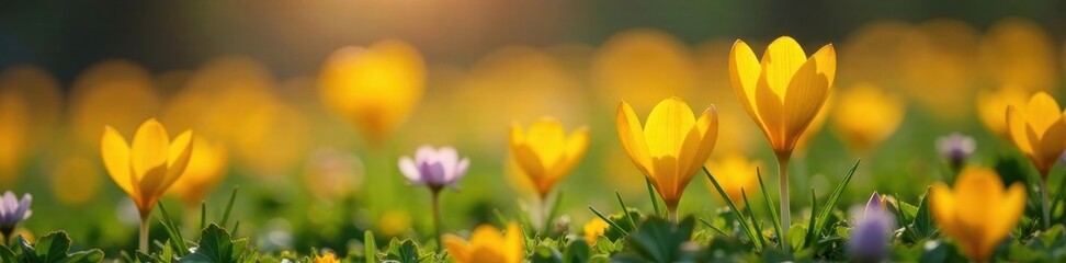 Fototapeta premium Yellow crocus in a field with other colorful flowers, flowers, warm, blossoms