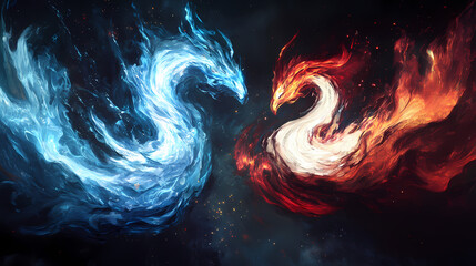 Dynamic representation of elemental forces with swirling blue, white, and red patterns on a dark background. Elemental Forces. Illustration