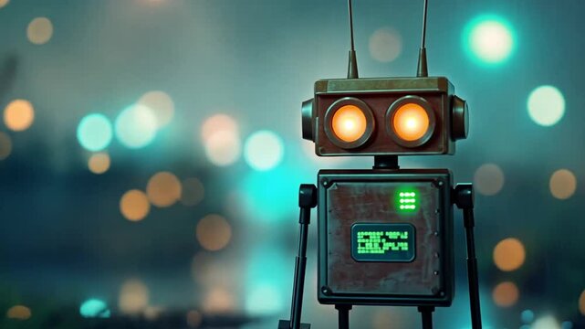 A cute little old robot stands outside in the rain